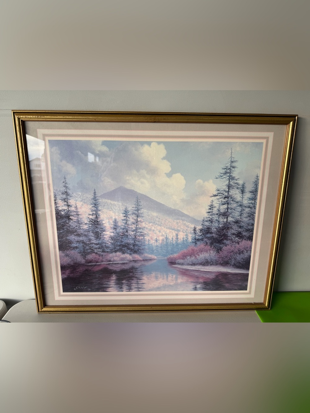 Vintage Framed Lavender Mountain Lake Wall Art - Home Art